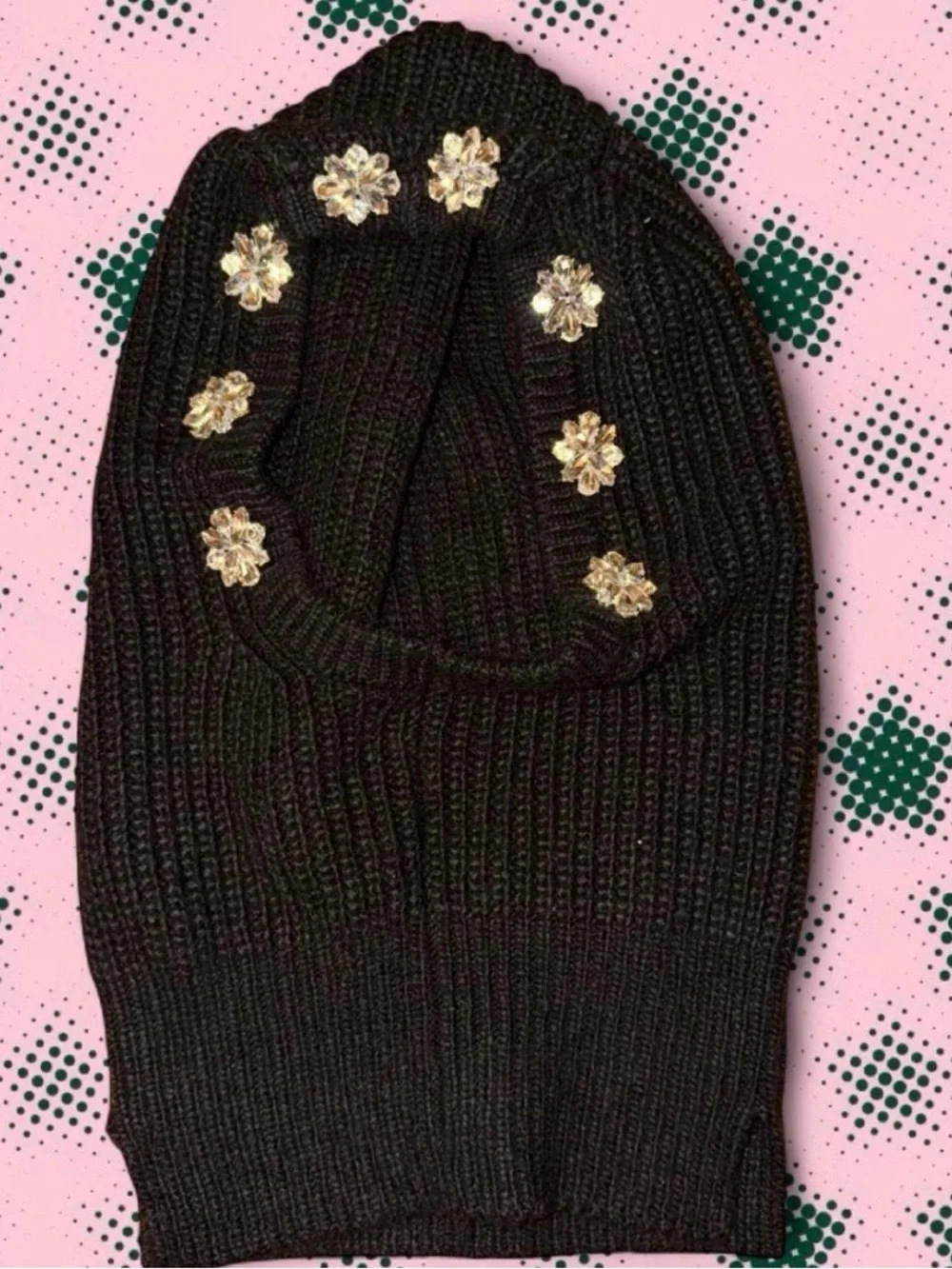 Ugg Black Knit Balaclava with Crystal Flower Accents